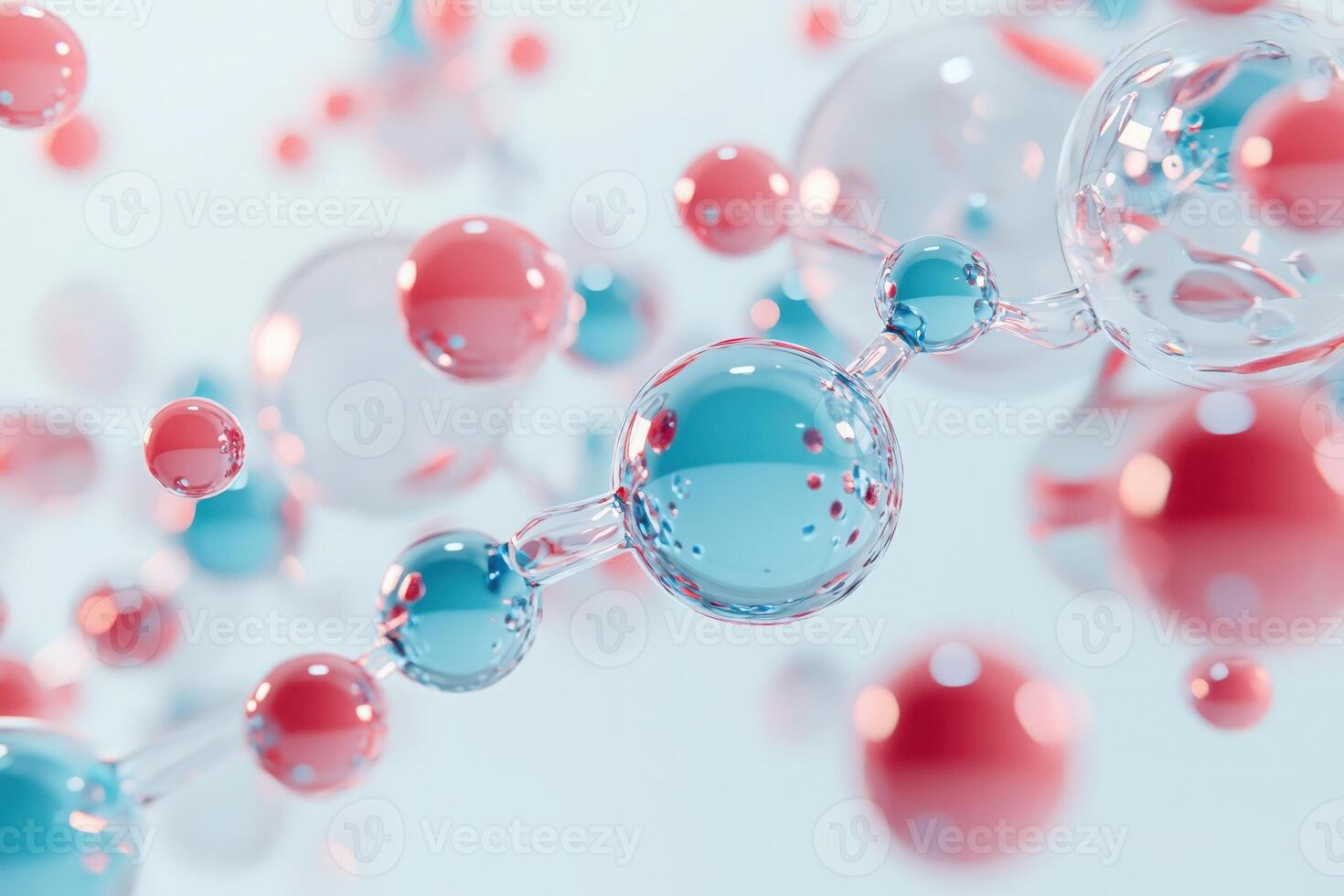 Various colorful molecules in shades of blue, pink, and clear float in a light background, illustrating concepts of chemistry and molecular science in a captivating way. photo