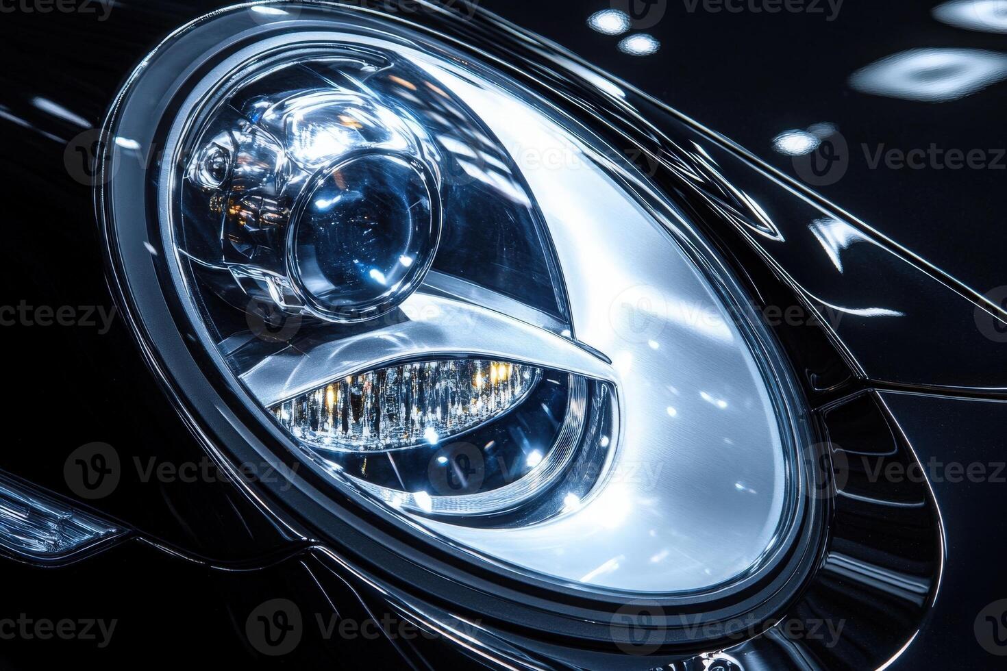 A close-up view highlights the intricate details of a black cars headlight during a showcase. The shining lens reflects surrounding lights while demonstrating advanced design features. photo