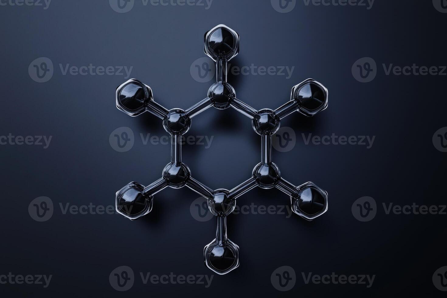 A detailed molecular structure resembling a snowflake is displayed against a dark background. The contrast highlights the arrangement of interconnected spheres and hexagonal shapes. photo