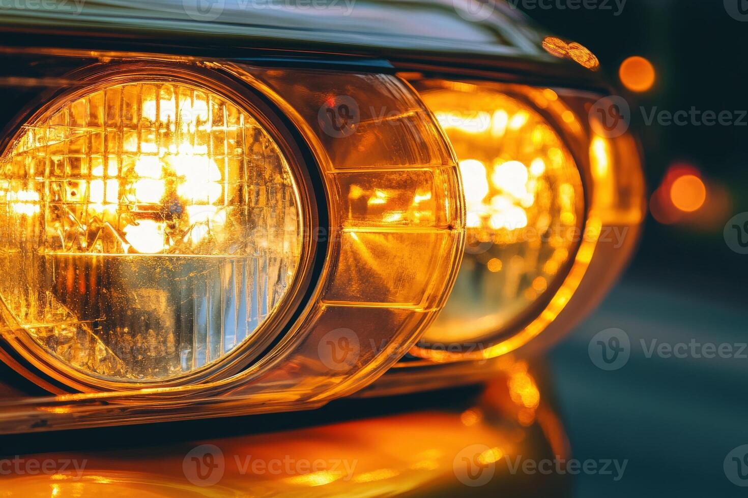 Close-up view of illuminated vintage car headlights glowing warmly, creating an inviting atmosphere on a city street during twilight, highlighting the unique design of classic vehicles. photo