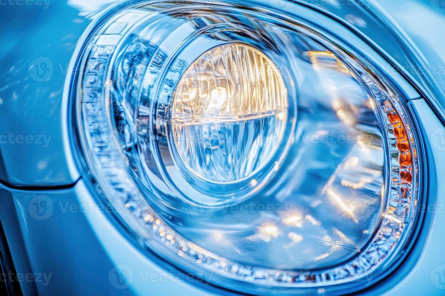 The car headlight features a detailed, shiny lens reflecting light beautifully. The design exhibits modern aesthetics with a bright beam illuminating the surroundings. photo