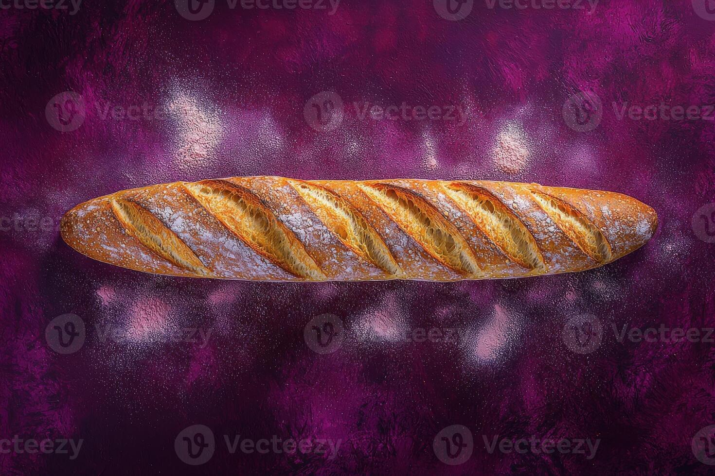 A long, crispy baguette rests on a vibrant purple surface, dusted lightly with flour. The golden crust displays distinct slashes, showcasing its rustic appeal. photo