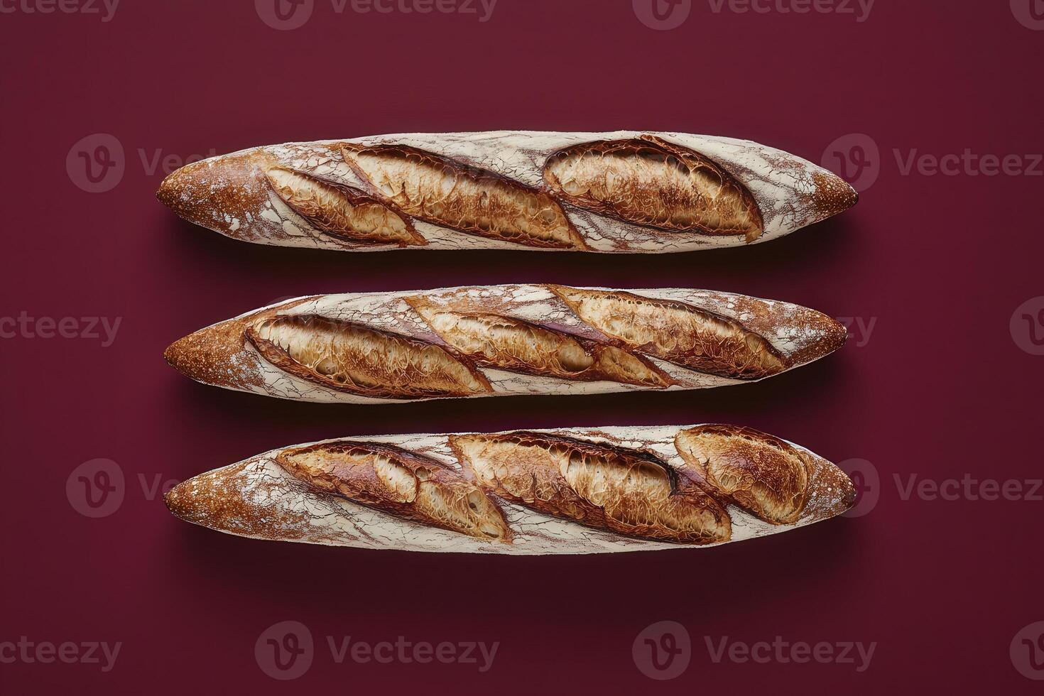 Three golden brown baguettes with crispy crusts are neatly placed on a deep red surface, showcasing their beautiful texture and oven-fresh appearance, evoking a warm bakery atmosphere. photo