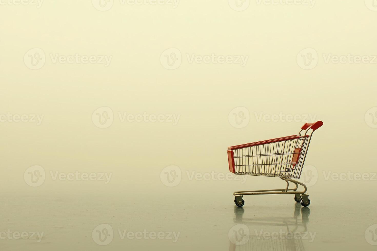 A solitary shopping cart is positioned on a smooth, reflective floor. The background features a soft, neutral tone, creating a calm and minimalist atmosphere around the cart. photo