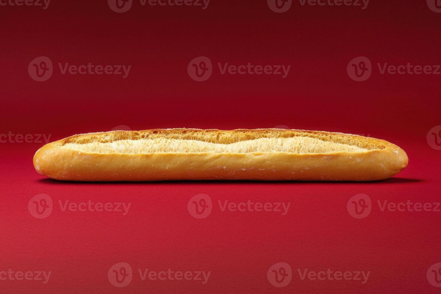 A long, golden bread stick lies flat against a vibrant red backdrop, showcasing its crisp texture and inviting color. The simplicity emphasizes the breads shape and quality. photo