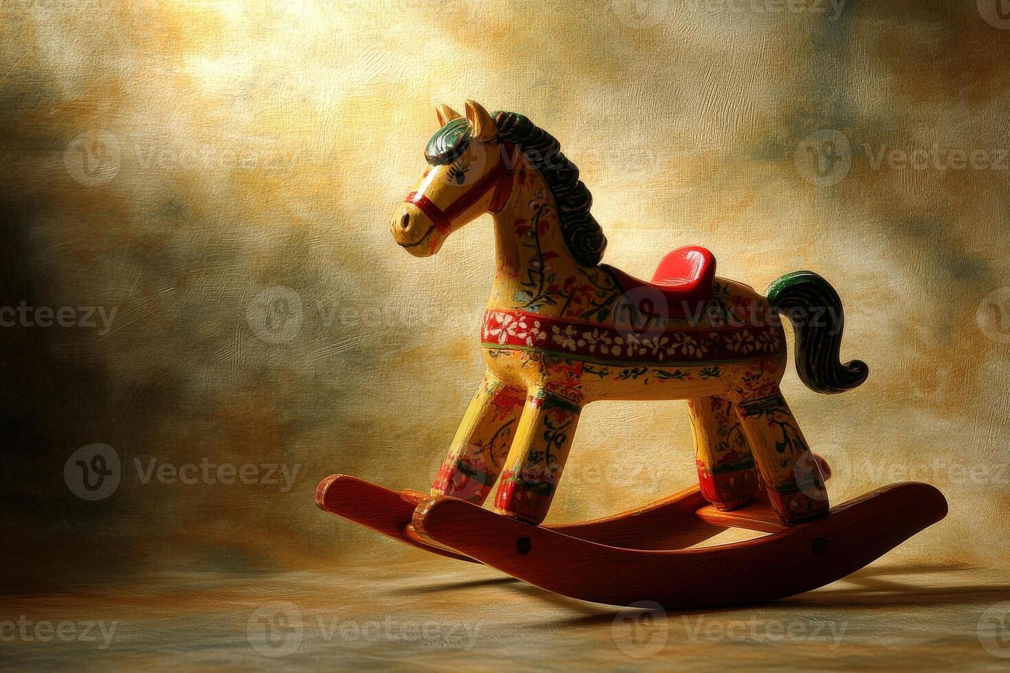 A beautifully painted rocking horse stands elegantly in soft light, showcasing vibrant colors and intricate designs. The background features warm tones that enhance its charm. photo