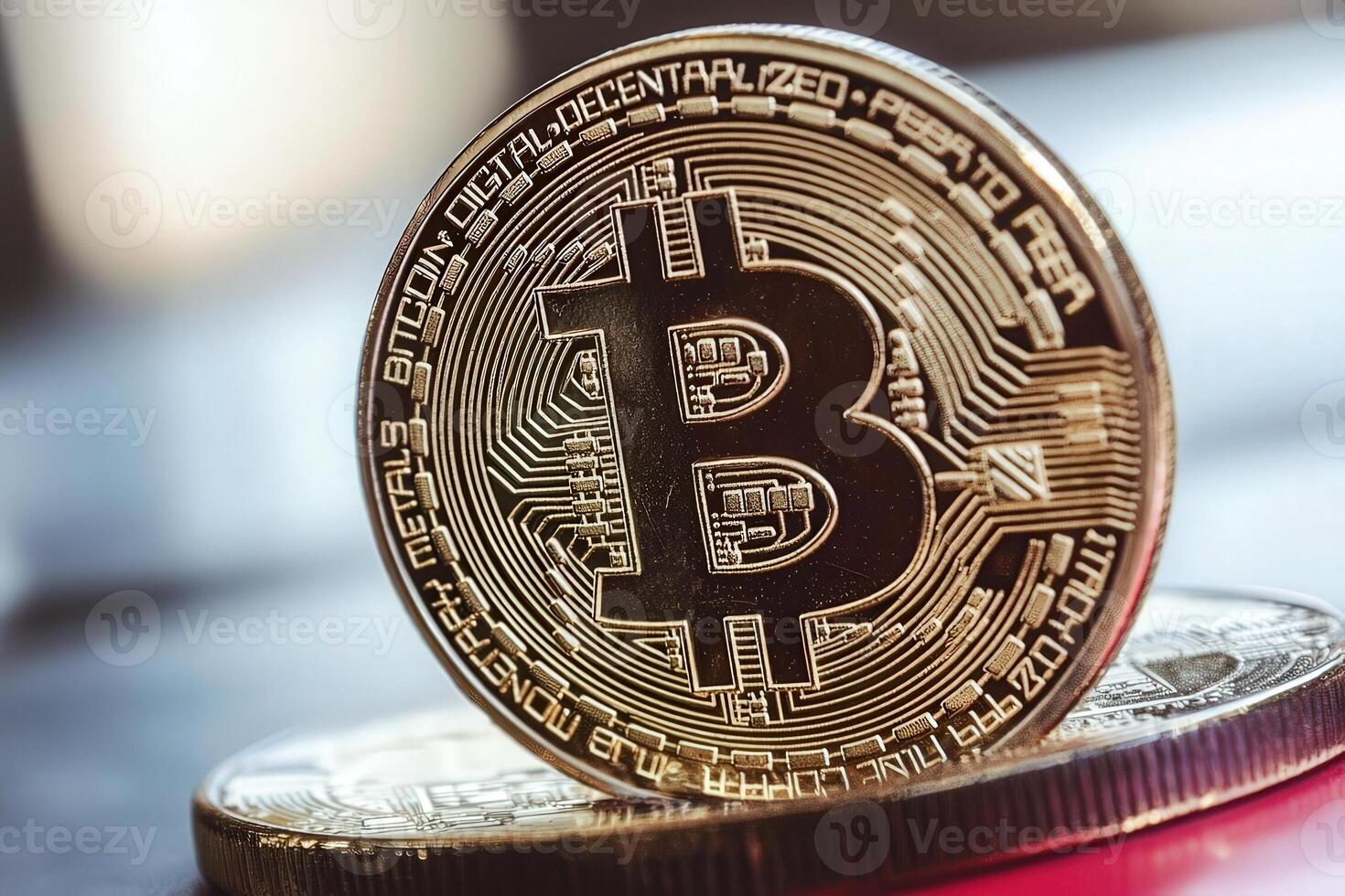 A detailed view of a Bitcoin token resting on a reflective surface. This representation emphasizes the growing importance of cryptocurrency in financial transactions and investments around the world. photo