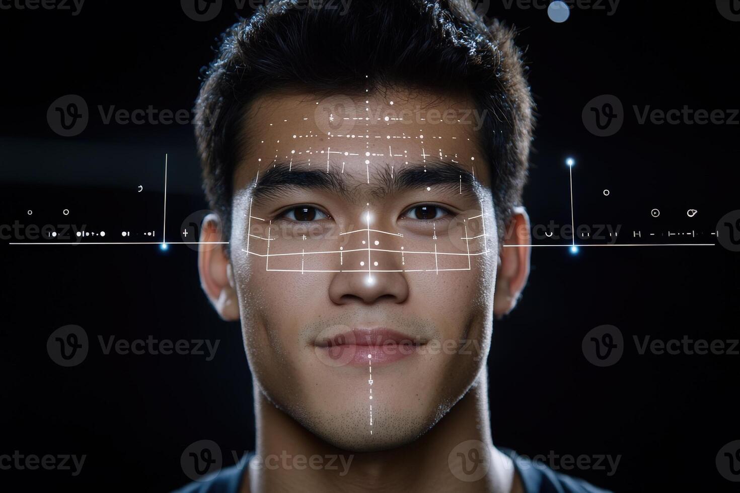 A young man with a neutral expression stands under bright lights while facial recognition technology scans his features. The room appears dark with visible digital patterns overlaying his face. photo