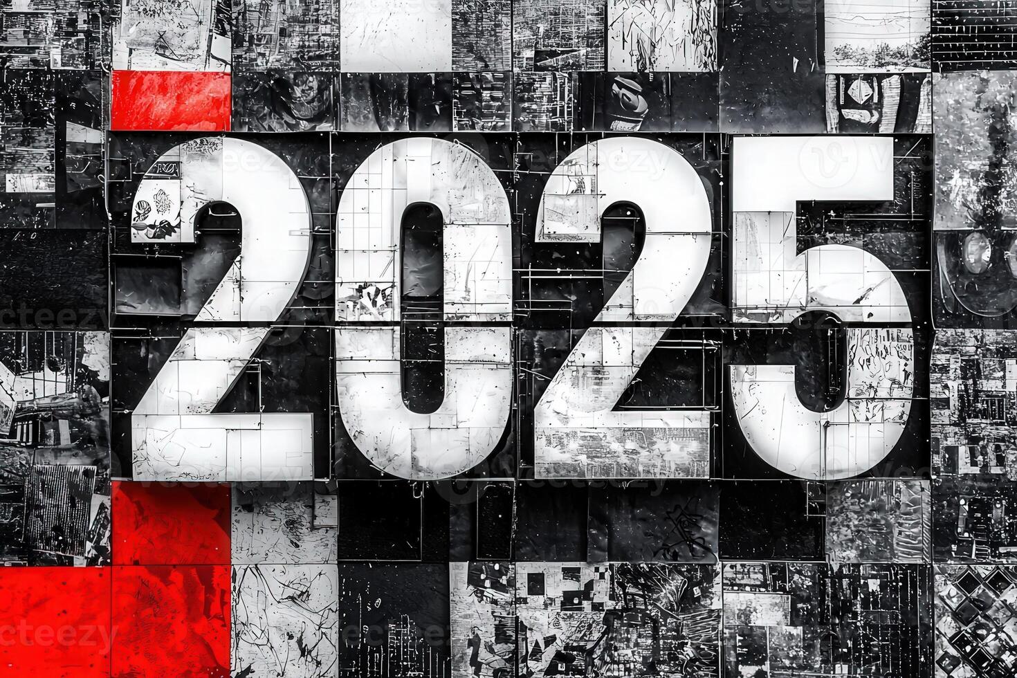 A large installation showcases the number 2025 prominently, using sleek white letters against a collage of abstract black and white patterns, symbolizing innovation and future plans. photo