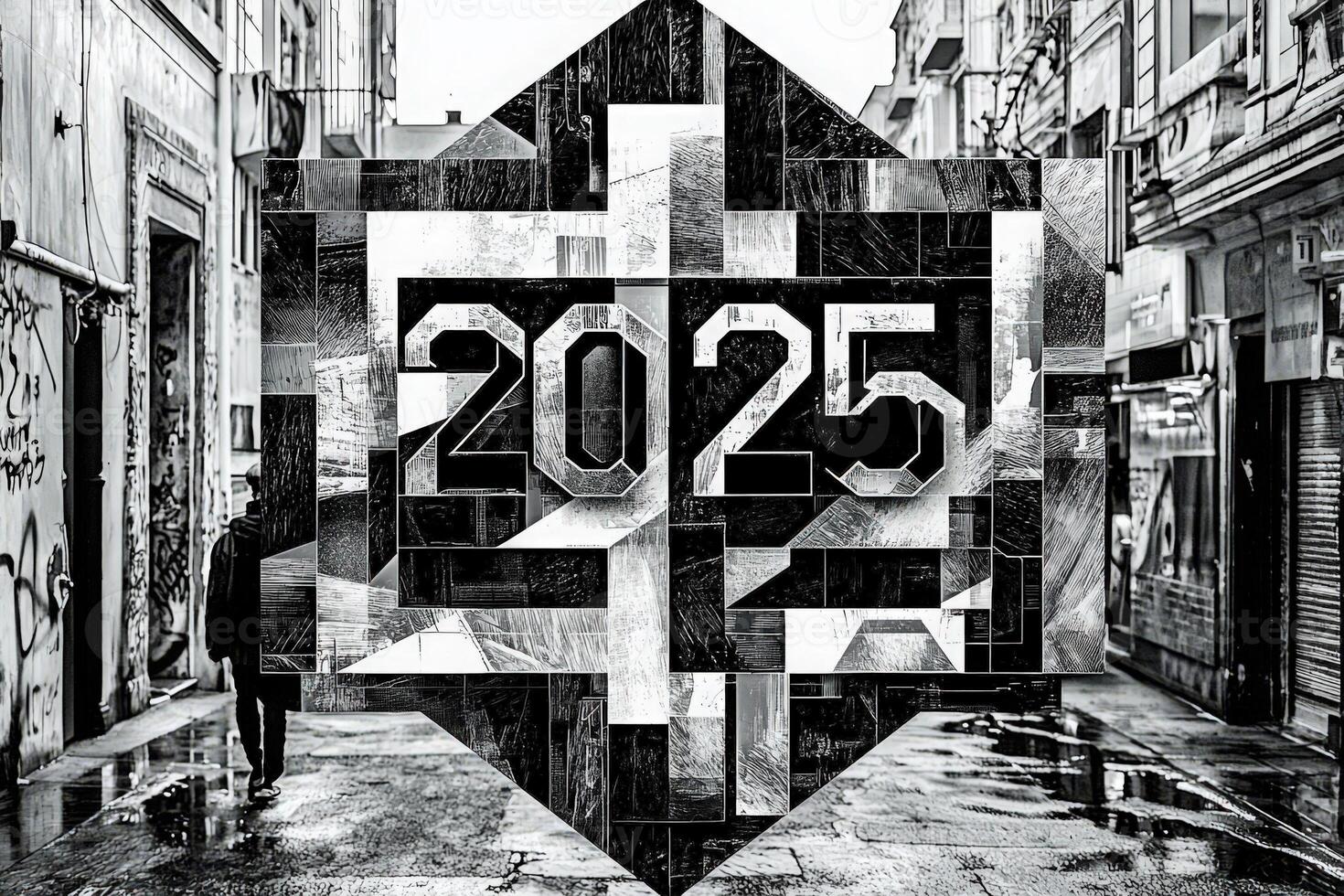A person walks through a graffiti-covered alleyway as rain dampens the cobblestone ground. Prominent artwork displaying 2025 dominates the scene, blending the urban environment with creativity. photo