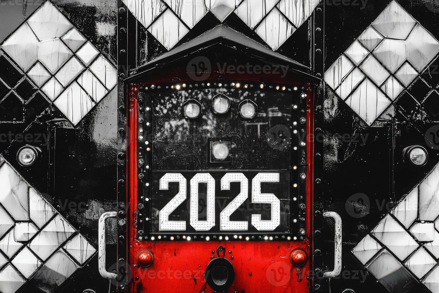 A red train caboose adorned with the number 2025 is set against a striking black and white patterned backdrop. The scene captures a blend of nostalgia and modernity in a city setting. photo