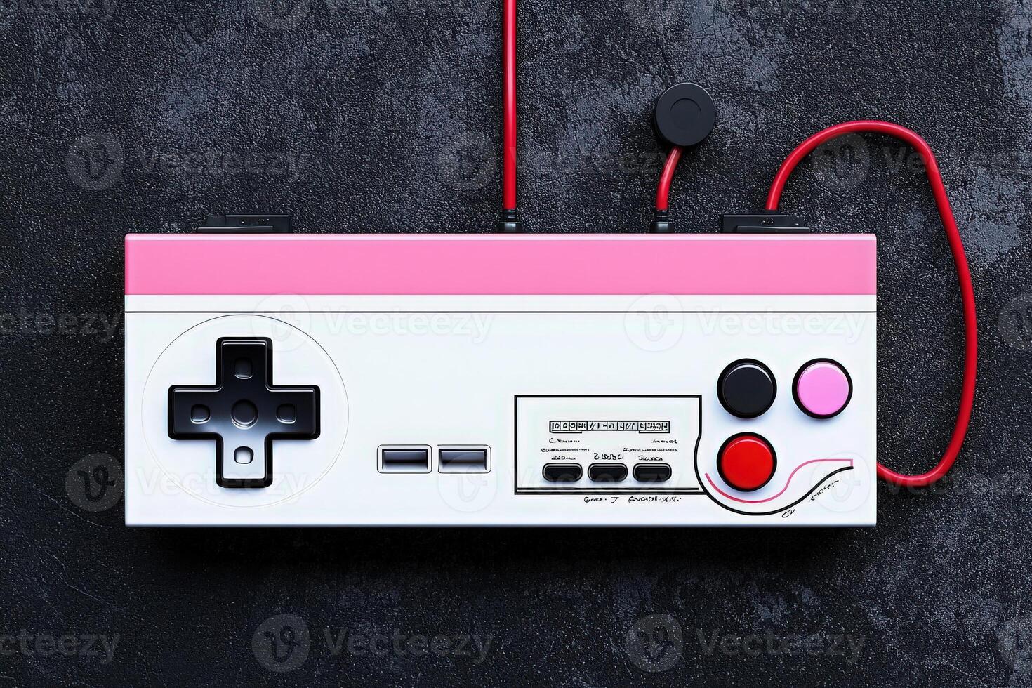 A retro gaming controller features classic buttons and a distinct pink design. It rests on a textured dark surface, showcasing a blend of nostalgia and contemporary style. photo