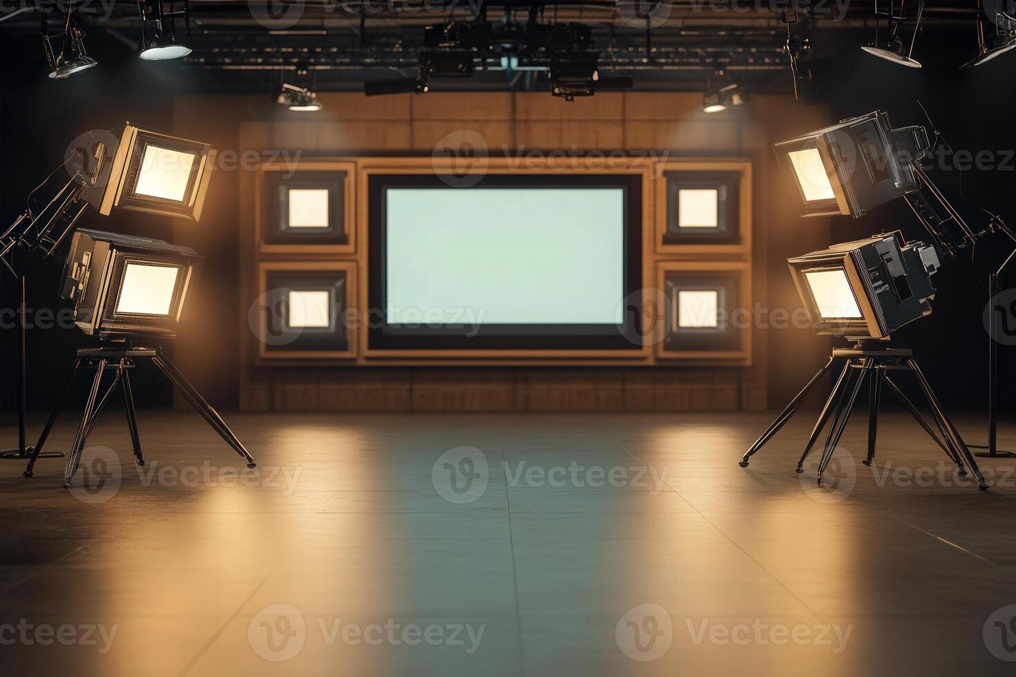 A professional film studio environment features several lighting setups and an empty screen. The warm lighting and wooden accents create an inviting space for creative projects. photo