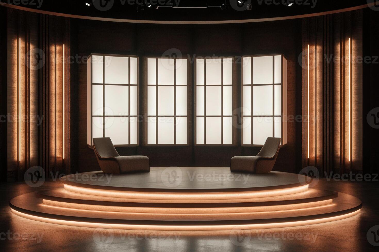 A contemporary interview set features two elegant chairs on a raised platform, surrounded by soft ambient lighting and large windows, creating a warm and inviting atmosphere. photo