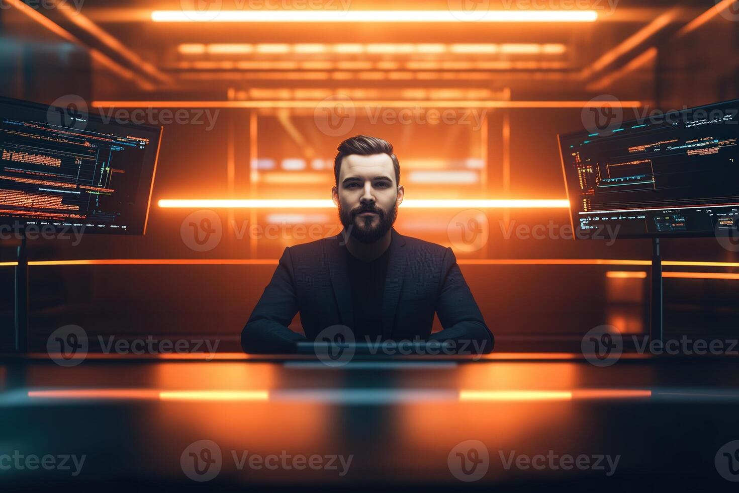 A man in a black suit sits confidently at a sleek desk in a modern workspace. Two glowing screens filled with code illuminate the room, creating a futuristic atmosphere. photo
