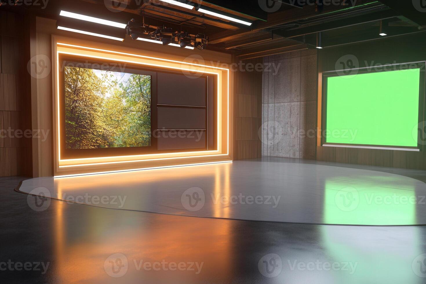 A contemporary television studio featuring two large screens displaying a natural outdoor scene and a green screen. The studio has sleek lighting and polished floors, ready for broadcasts. photo