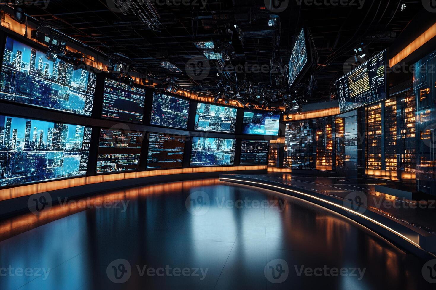 A state-of-the-art news studio features multiple large screens showcasing a vibrant city skyline and dynamic data analytics. photo