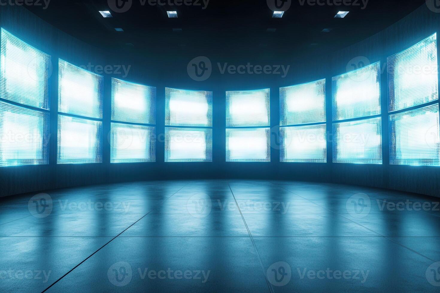 A futuristic room contains numerous large screens emitting bright blue light, creating a captivating ambiance. The smooth floor reflects light, enhancing the modern feel of the space. photo