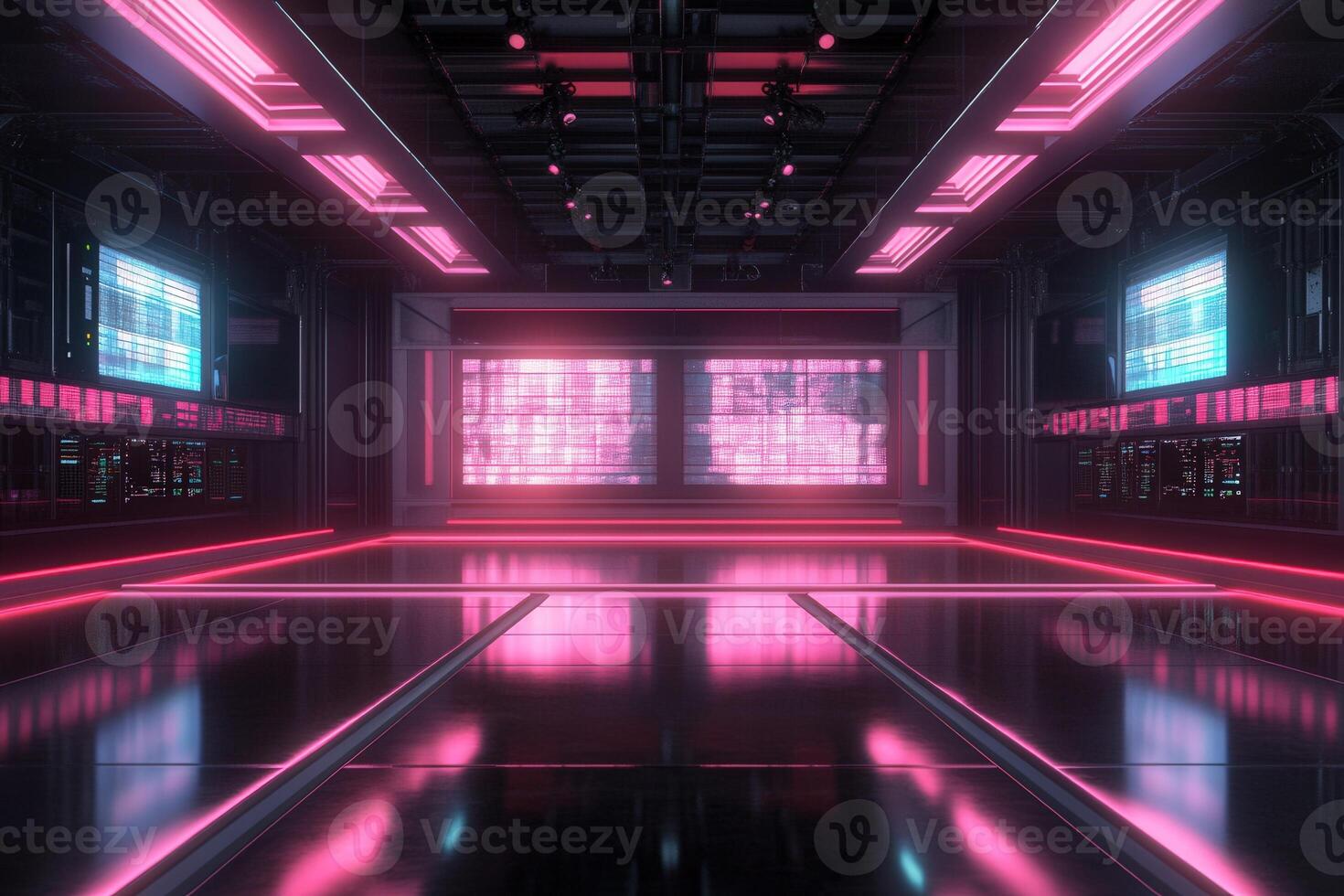 A sleek, high-tech space features neon pink lights illuminating the glossy floor. Large screens display digital content in a modern setting, ideal for technology showcases or presentations. photo