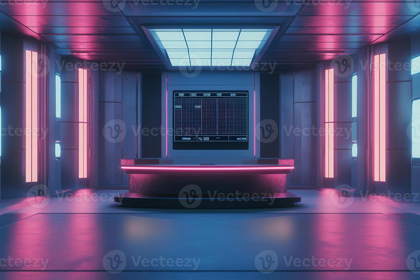 A sleek control room features a circular desk surrounded by neon lights in pink and blue hues. A large digital screen displays data and settings, creating a high-tech atmosphere. photo