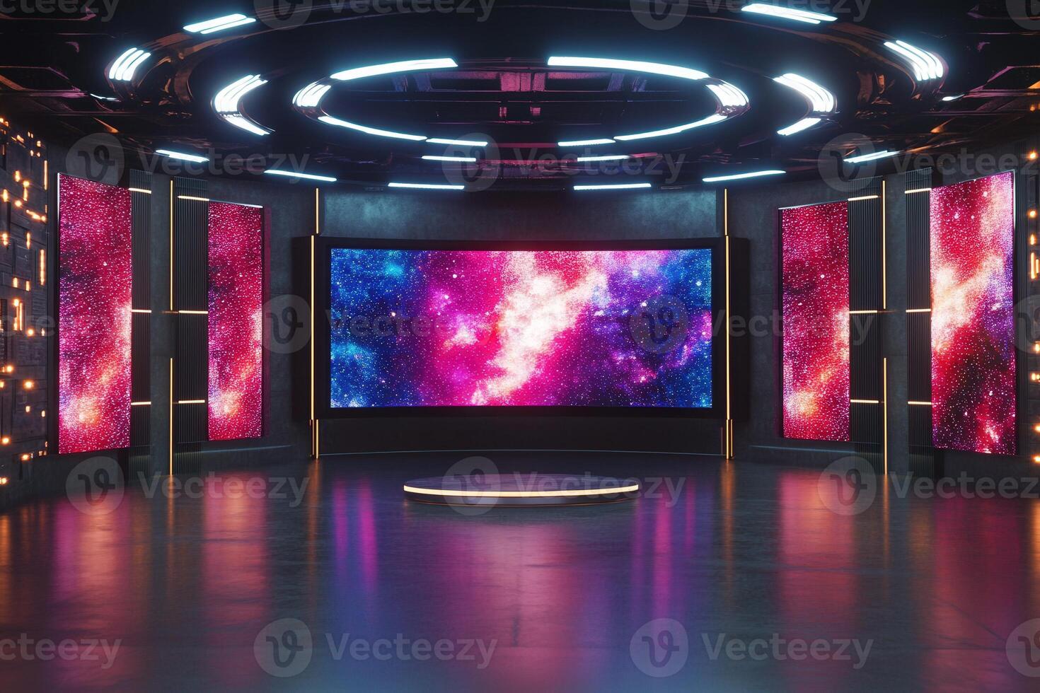 High-tech studio displays stunning cosmic visuals on large screens, creating an immersive environment with vibrant colors. The circular stage at the center enhances the futuristic feel. photo