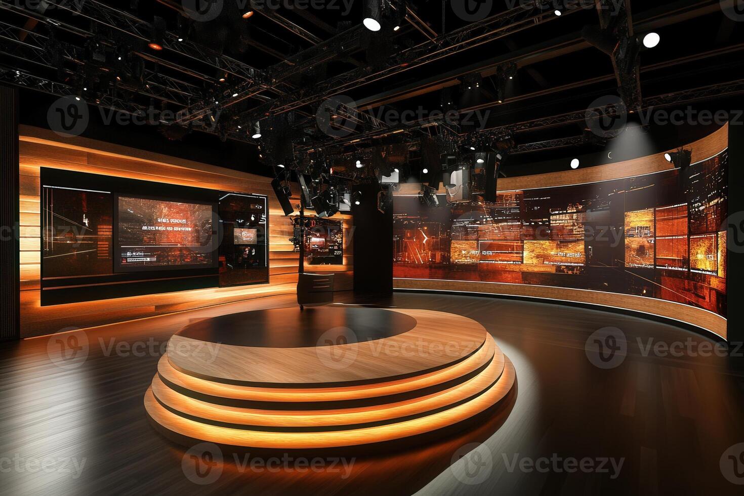 A sleek television studio designed for broadcasting, showcasing wooden accents, vivid lighting, and multiple interactive screens. photo