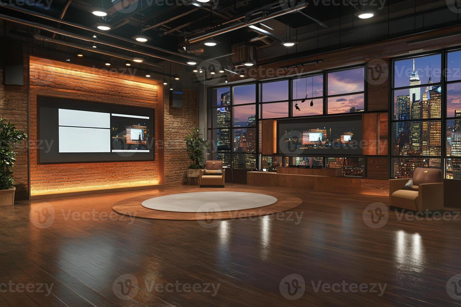 The studio features a spacious wooden floor, sleek furniture, and a stunning view of a city skyline at twilight. Bright lights illuminate the contemporary decor, creating a vibrant atmosphere. photo