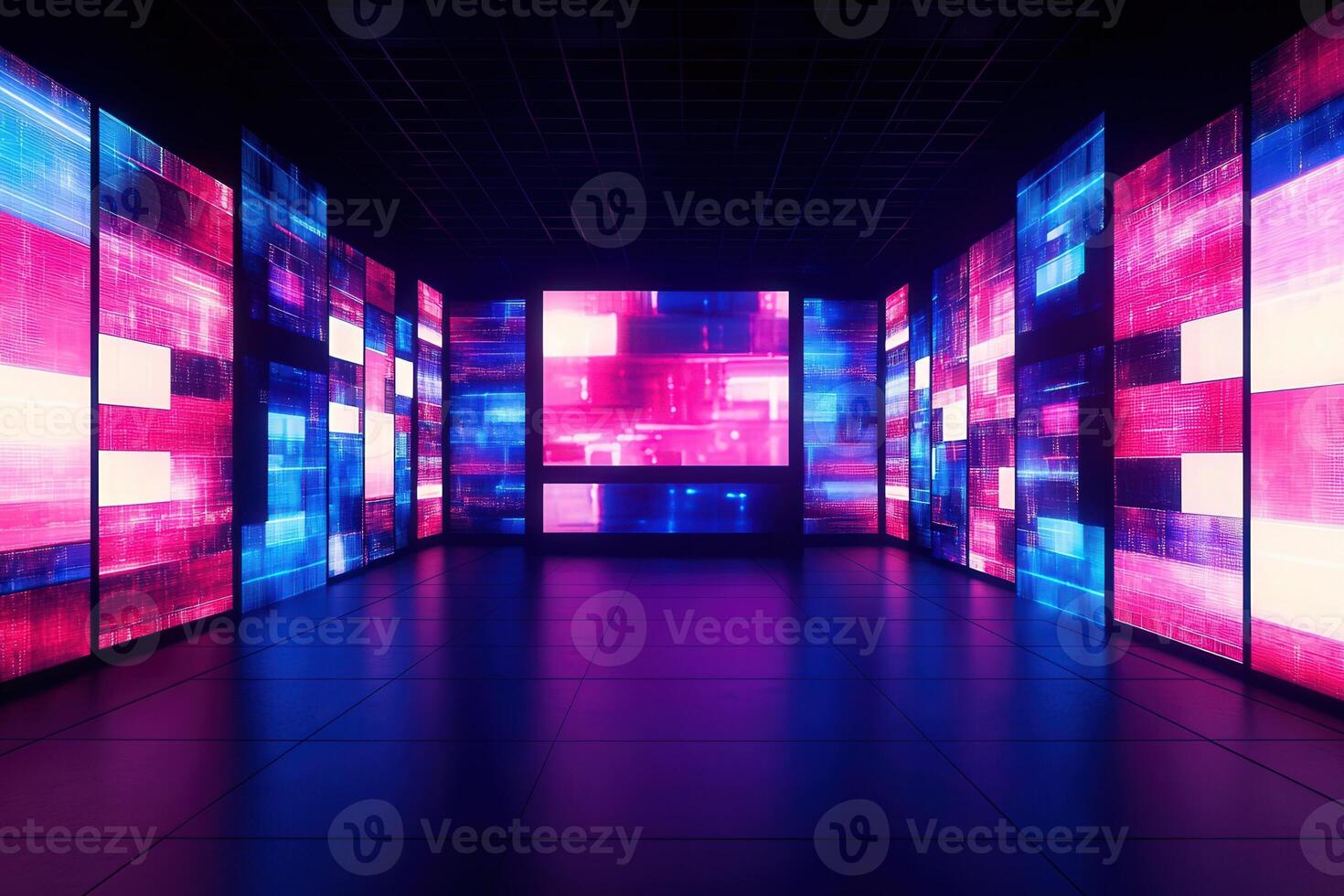 Colorful screens illuminate a modern digital space, creating a captivating atmosphere. The interplay of blue and pink hues enhances the sleek design, inviting exploration and interaction. photo
