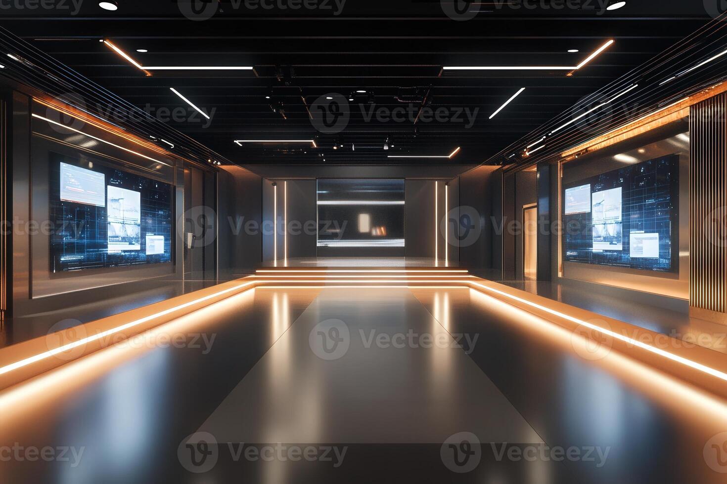 A spacious conference room features sleek walls and warm lighting, equipped with digital screens on displays. photo