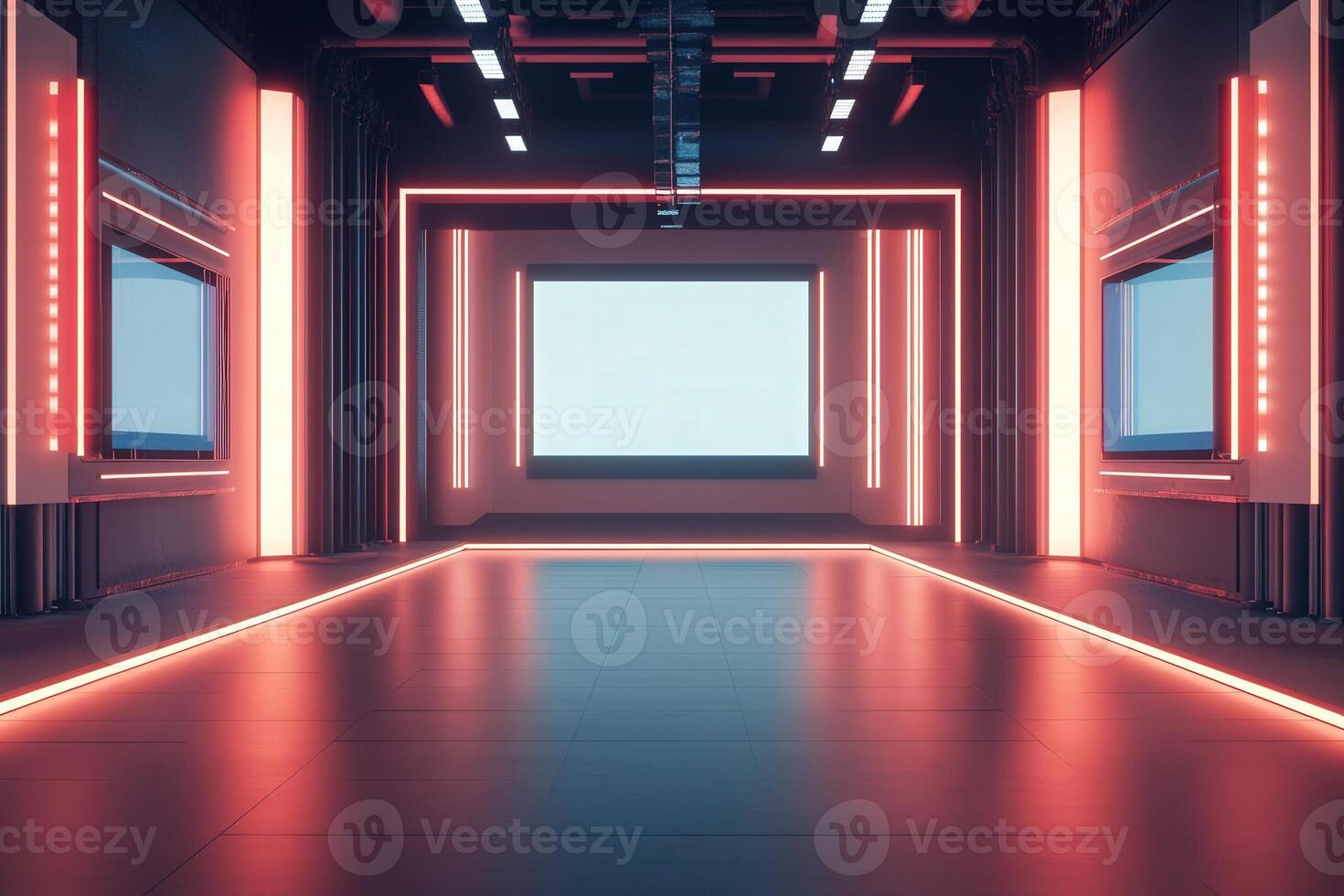 A sleek and contemporary studio features neon lighting along the walls, enhancing the ambiance. Two projection screens stand prominently at the front, creating a backdrop for potential presentations. photo