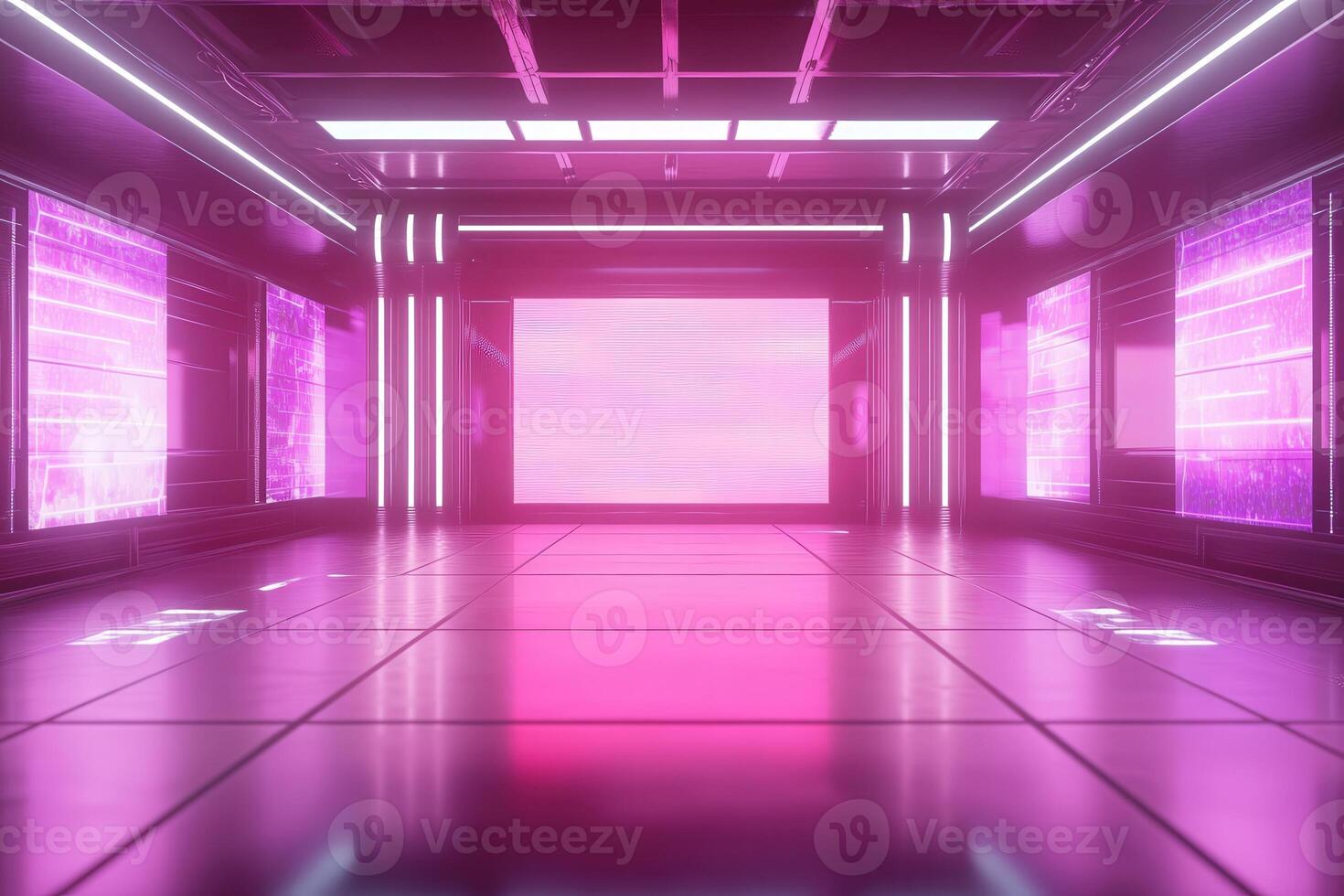 This space features glowing pink lighting, smooth floors, and high-tech walls, creating an immersive atmosphere ideal for digital gatherings or presentations in a cyber-inspired setting. photo