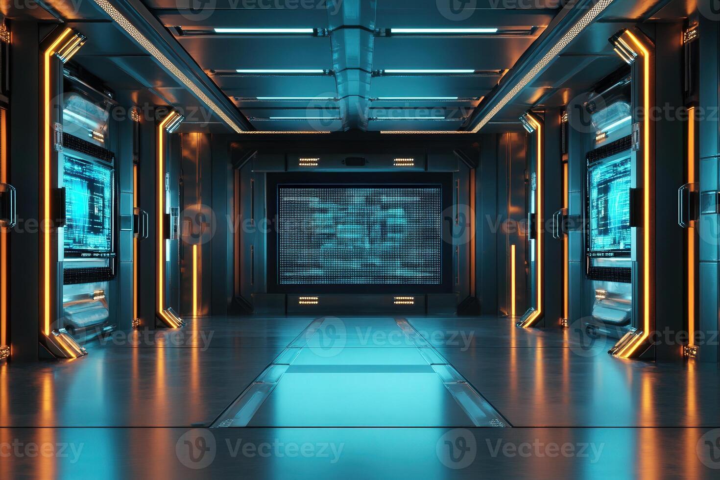 A sleek, futuristic hallway features illuminated screens and vibrant blue lighting. The metallic walls create a high-tech atmosphere, suggesting advanced technology in a sci-fi environment. photo