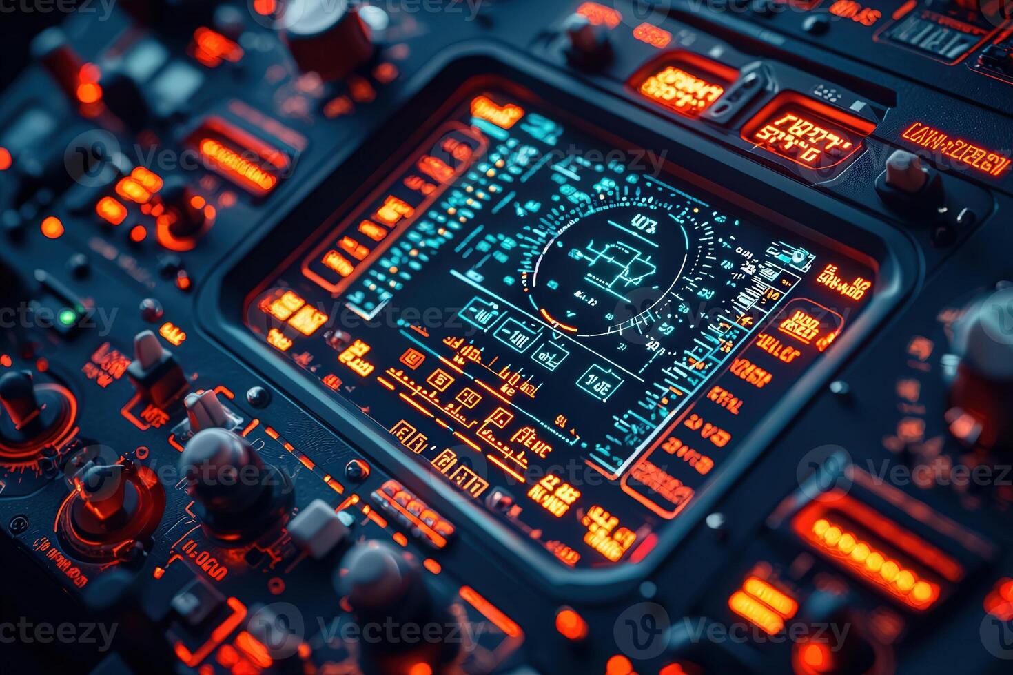 A detailed control panel features illuminated flight instruments and navigation systems in a dimly lit cockpit. Various buttons and dials reflect the complexity of aerospace technology. photo