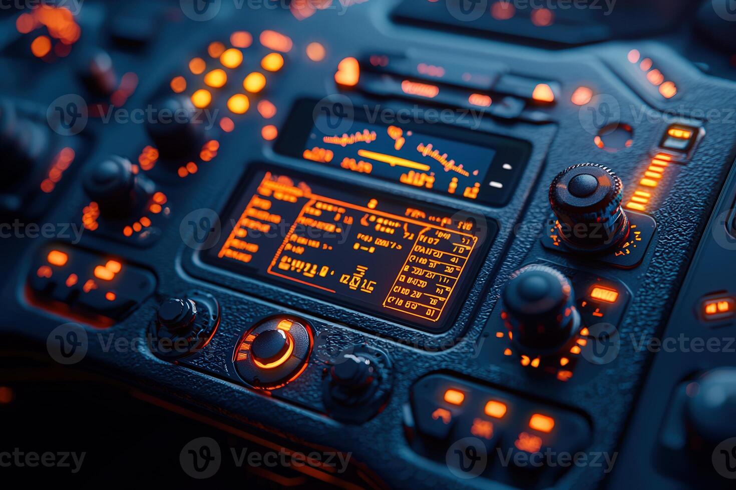 A detailed view of a control panel featuring illuminated buttons and displays, showcasing various instruments and settings in a contemporary cockpit environment at night. photo