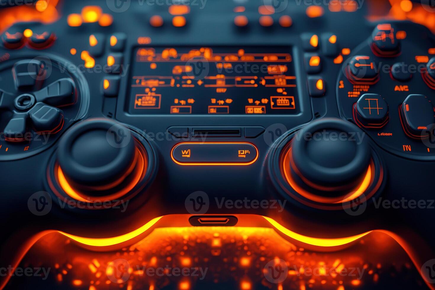 A gaming controller with vivid orange backlighting is prominently displayed on a dark surface. The design features intricate buttons and joysticks, emphasizing its advanced functionality for gamers. photo