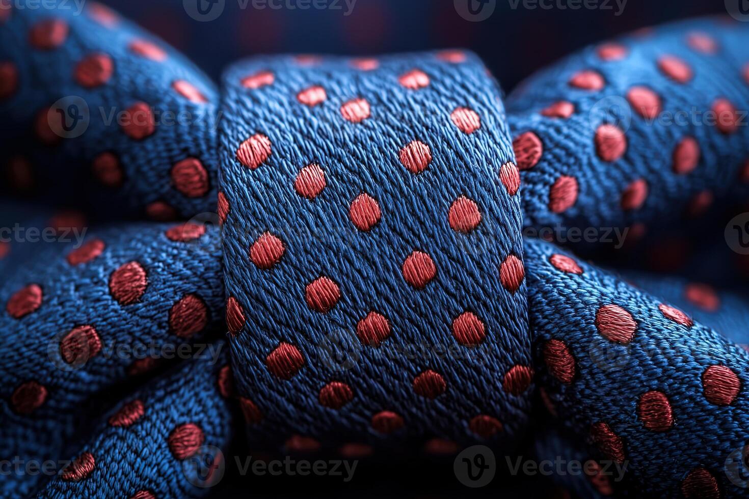 A close-up view highlights a blue bow tie adorned with red polka dots, showcasing intricate textile patterns and craftsmanship. The focus reveals texture and color contrast beautifully. photo