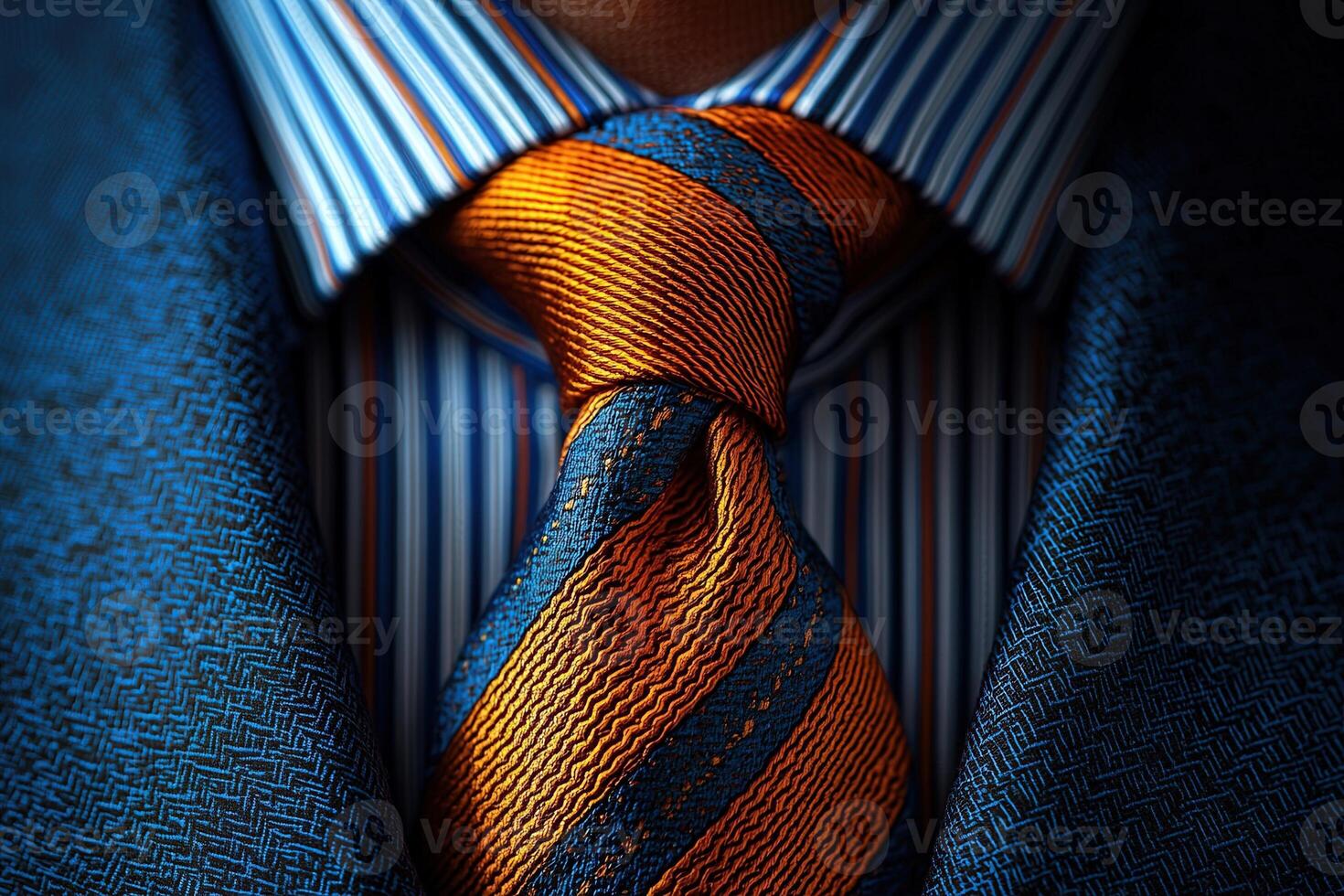 A close-up view showcases a tailored blue suit complemented by a striped shirt. The vibrant orange tie features a textured pattern, adding sophistication to the outfit. photo