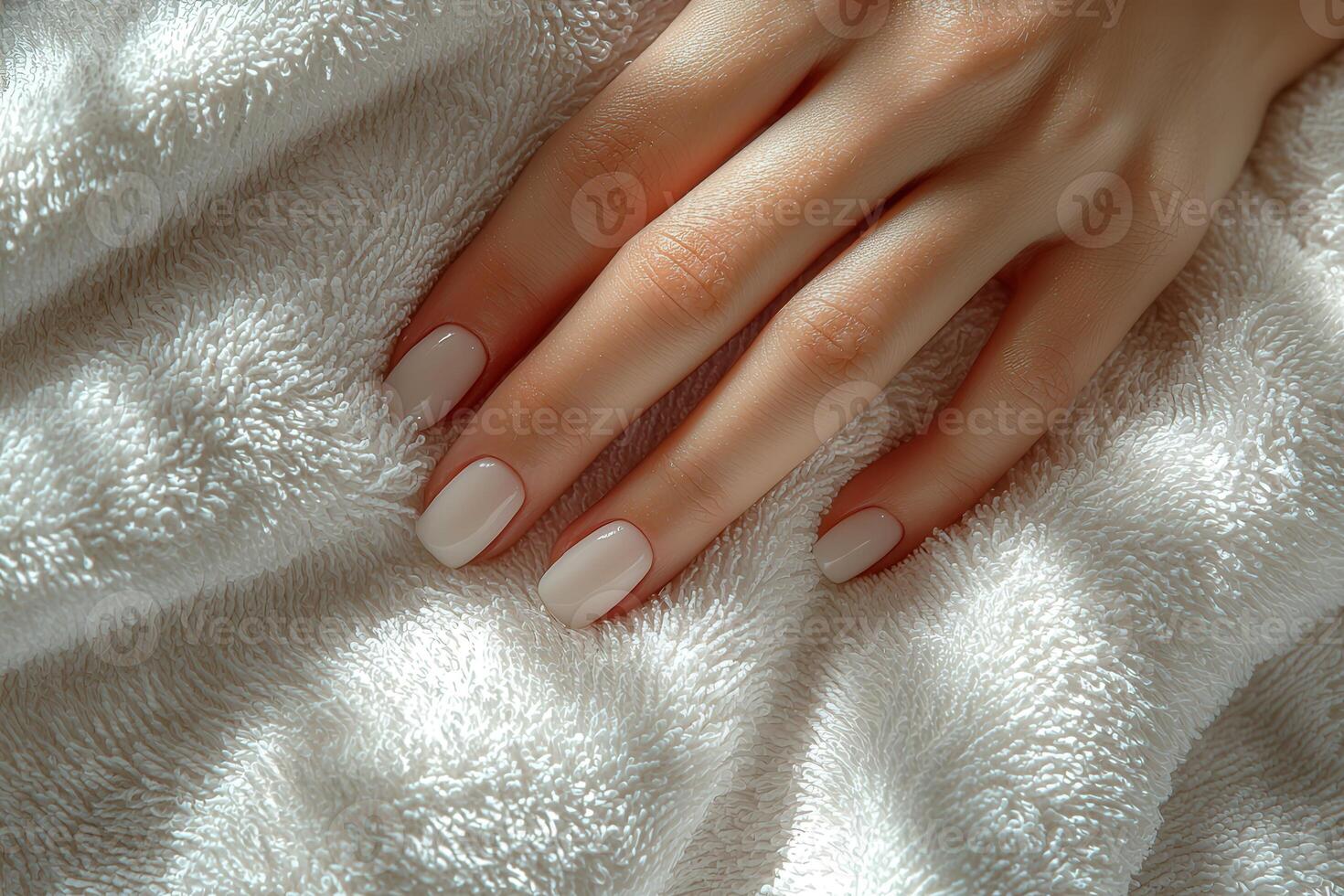 A hand with neatly manicured light-colored nails rests gently on a plush white towel. The soft texture contrasts with the smooth appearance of the nails, creating a serene vibe. photo