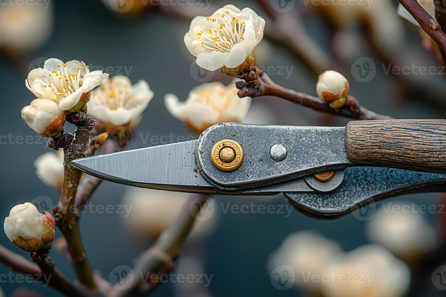 Delicate blossoms are being pruned with hand shears to promote growth in a spring garden. The focus is on the careful cutting of branches to ensure vitality for the trees. photo