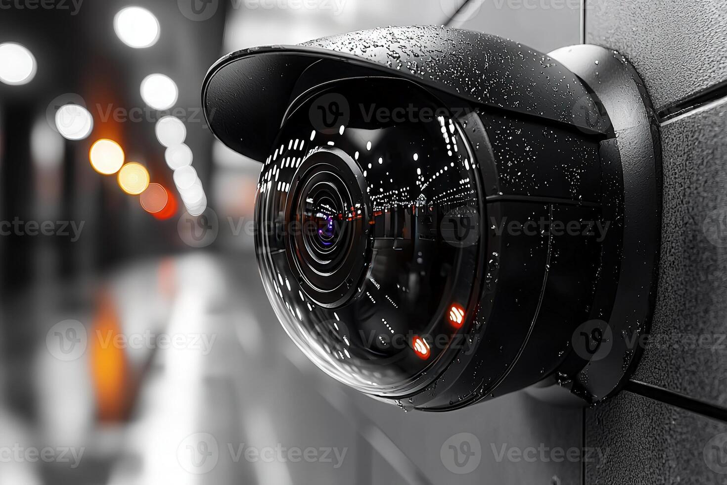 A security camera is positioned against a wet wall, illuminated by soft bokeh lights in the background. It records the surroundings during a rainy night, ensuring safety and surveillance. photo