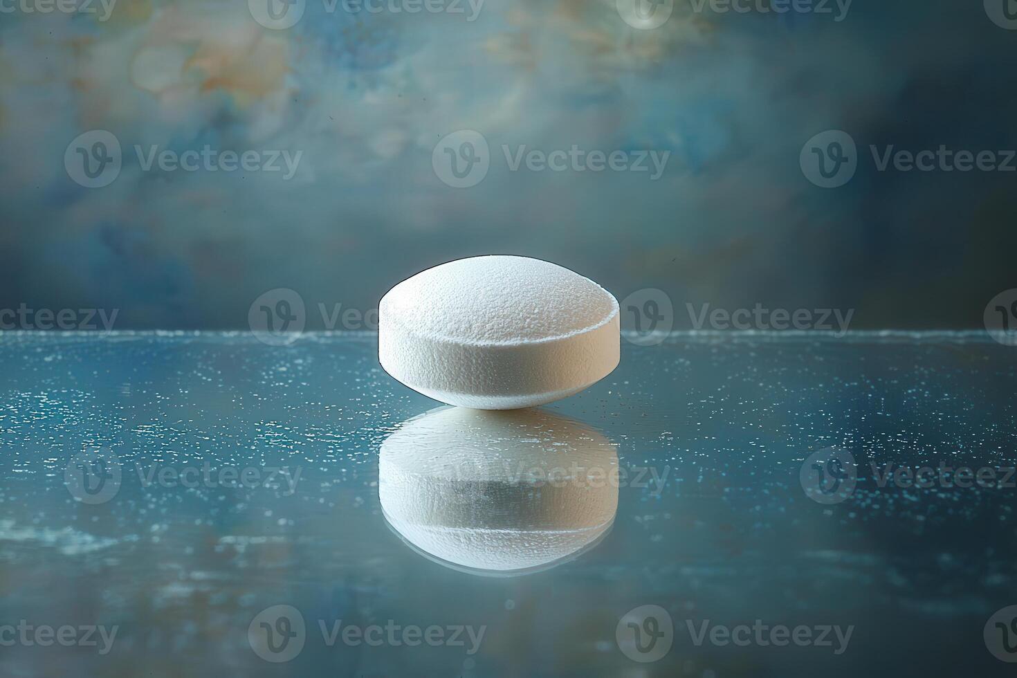 A round white tablet is placed on a smooth glass surface. It reflects light beautifully against a softly blurred blue background, creating a calm and serene atmosphere. photo