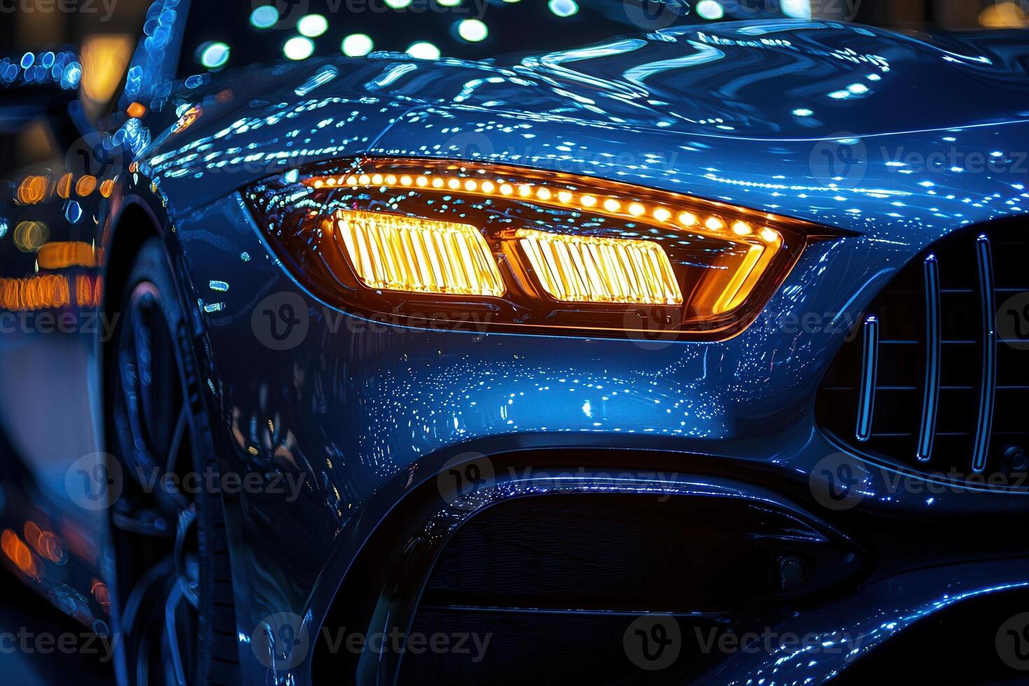 A luxury car is showcased at night with brightly lit details drawing attention. The vibrant lights reflect off the cars sleek body, creating an eye-catching display for attendees. photo