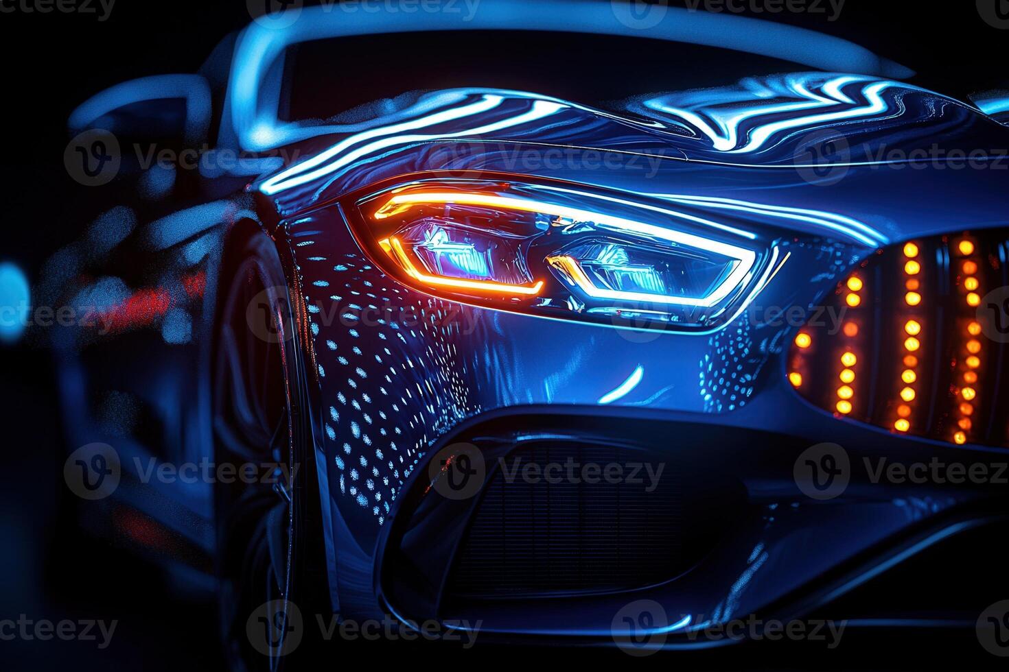 A sleek electric car with striking blue and orange lights stands out in a dark environment. Reflection of neon patterns enhances its futuristic appearance. photo