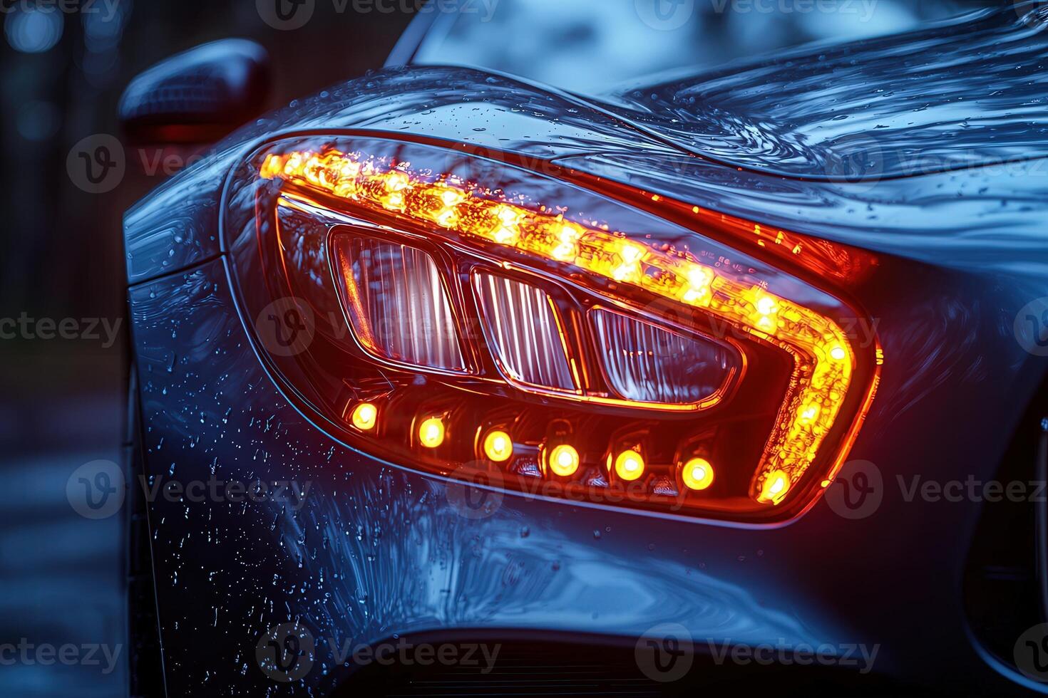 Sleek sports car glistens with raindrops as its bright amber lights shine through the dark, wet evening. The vibrant glow adds a striking contrast to the moody atmosphere. photo