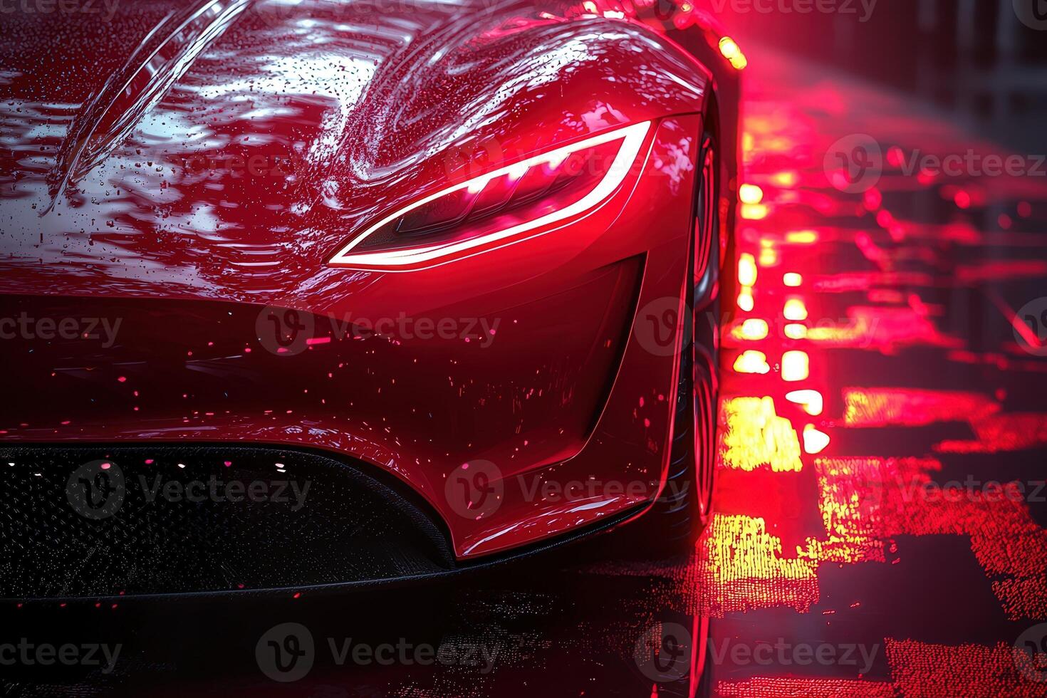 A striking red sports car with distinctive headlights is parked on a wet street during night. Reflections from the wet pavement enhance the dramatic atmosphere around the vehicle. photo