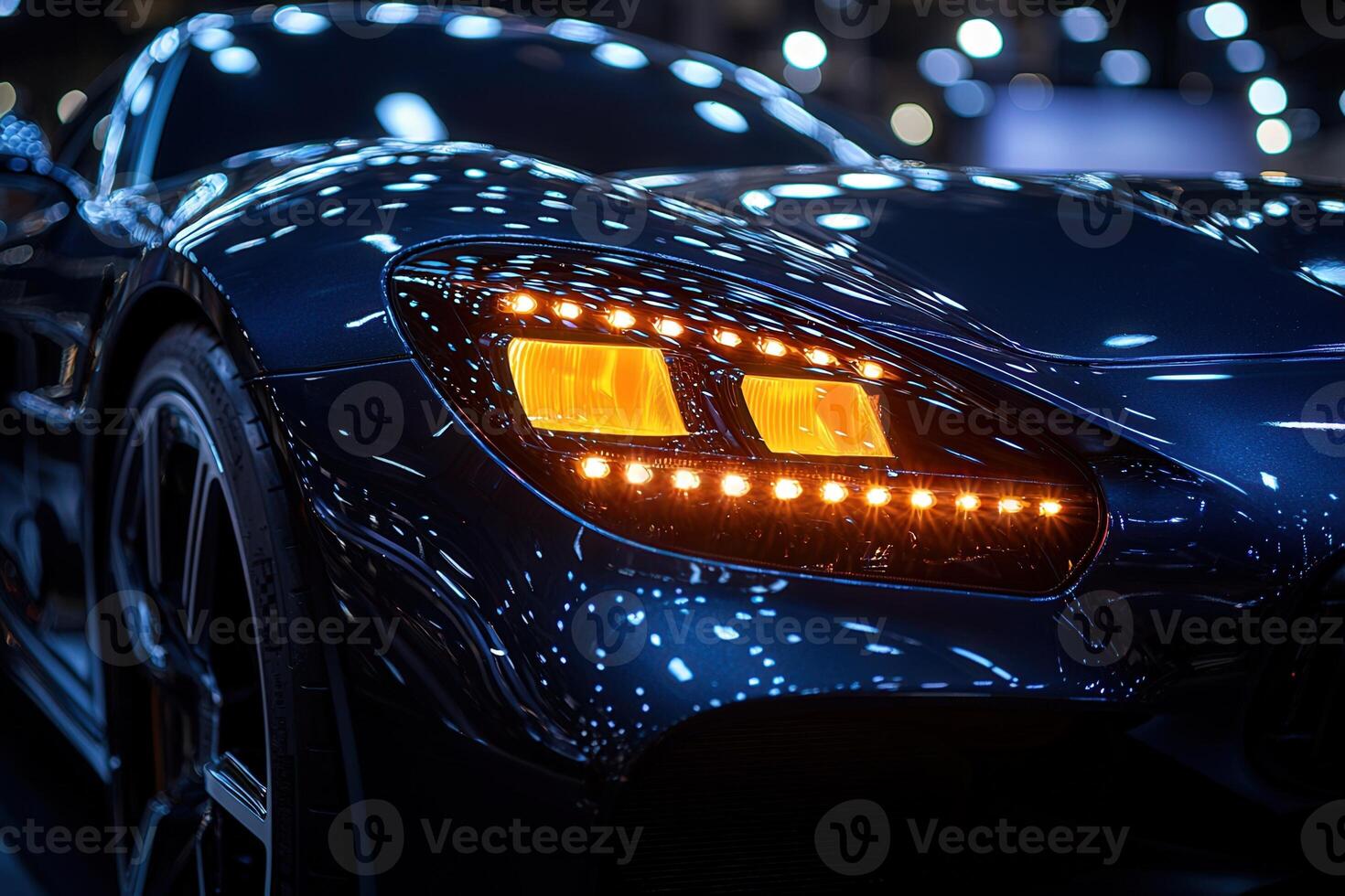 A glossy blue sports car is prominently displayed at an auto exhibition, featuring striking LED headlights and a stylish design. Attendees admire the vehicle under bright lights. photo