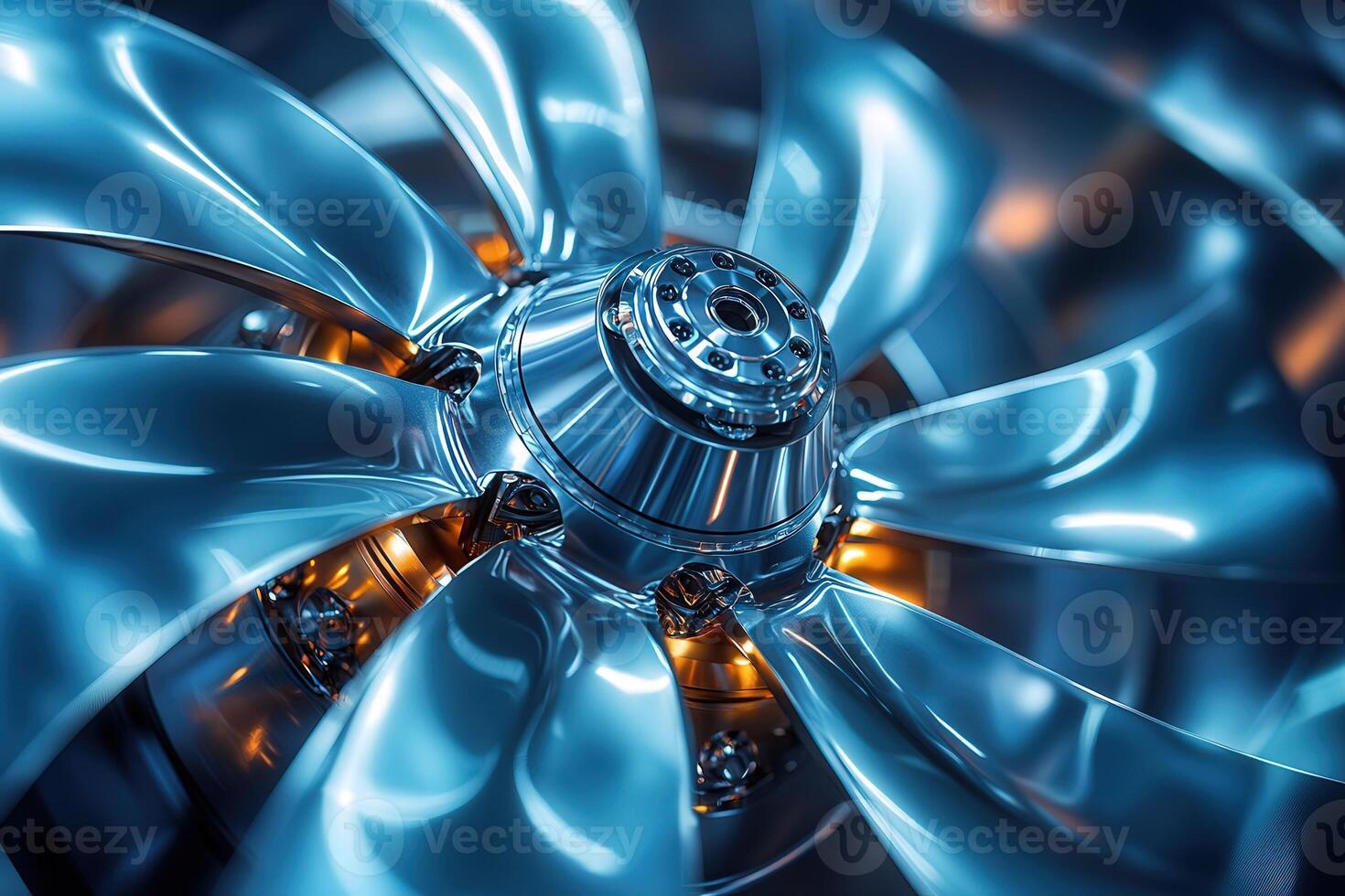 A detailed look at a metallic fan blade highlights its sleek design and shimmering surface. The blue-toned lighting enhances the visual appeal, showcasing the craftsmanship behind the component. photo