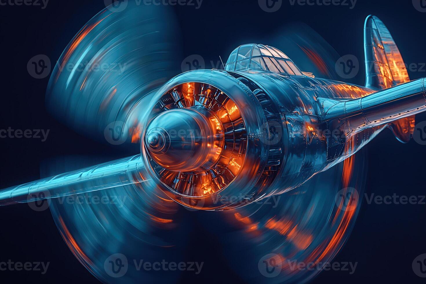 A vintage airplane propeller spins rapidly against a dark backdrop, showcasing glowing engine components and intricate design details in a captivating display of motion and light. photo
