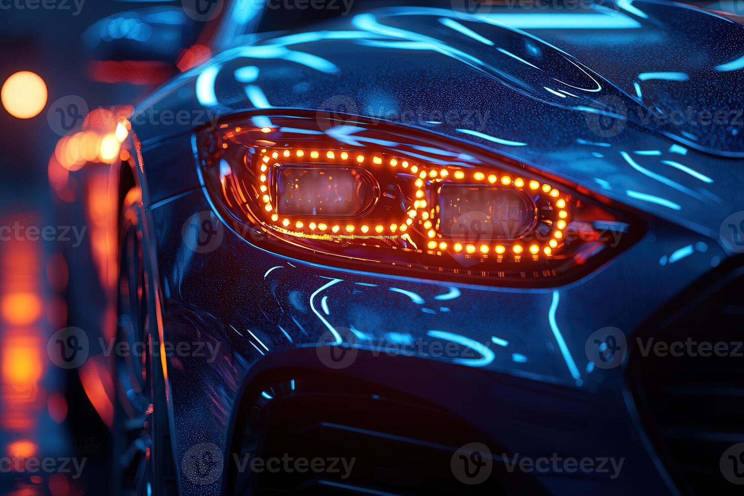 A striking modern car showcases its illuminated headlights with orange LED lights. The reflections and neon backdrop enhance the futuristic atmosphere, highlighting its design. photo