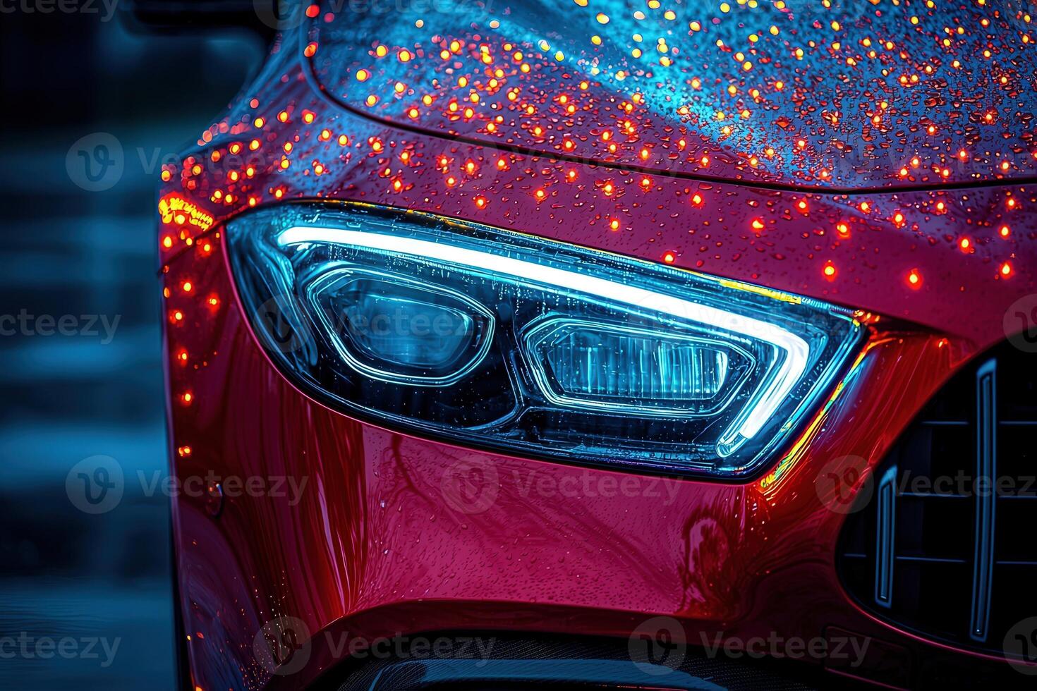 A close-up of a red cars headlight illuminated by blue light, surrounded by raindrops reflecting city lights at night. The wet surface adds a moody atmosphere to the urban scene. photo